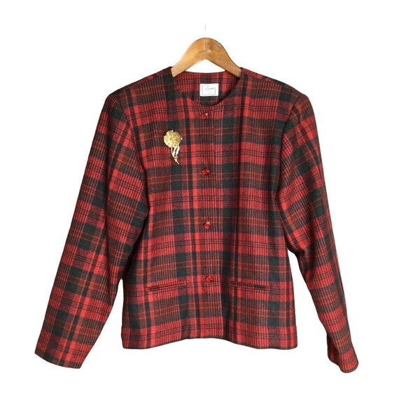 Vintage EVA Women Plaid Button Front Blazer Jacket Wool Blend Flower Brooch - Picture 1 of 6